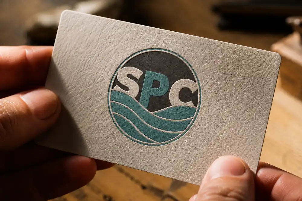 Hands holding a thick letterpressed business card with a debossed mark in raking light
