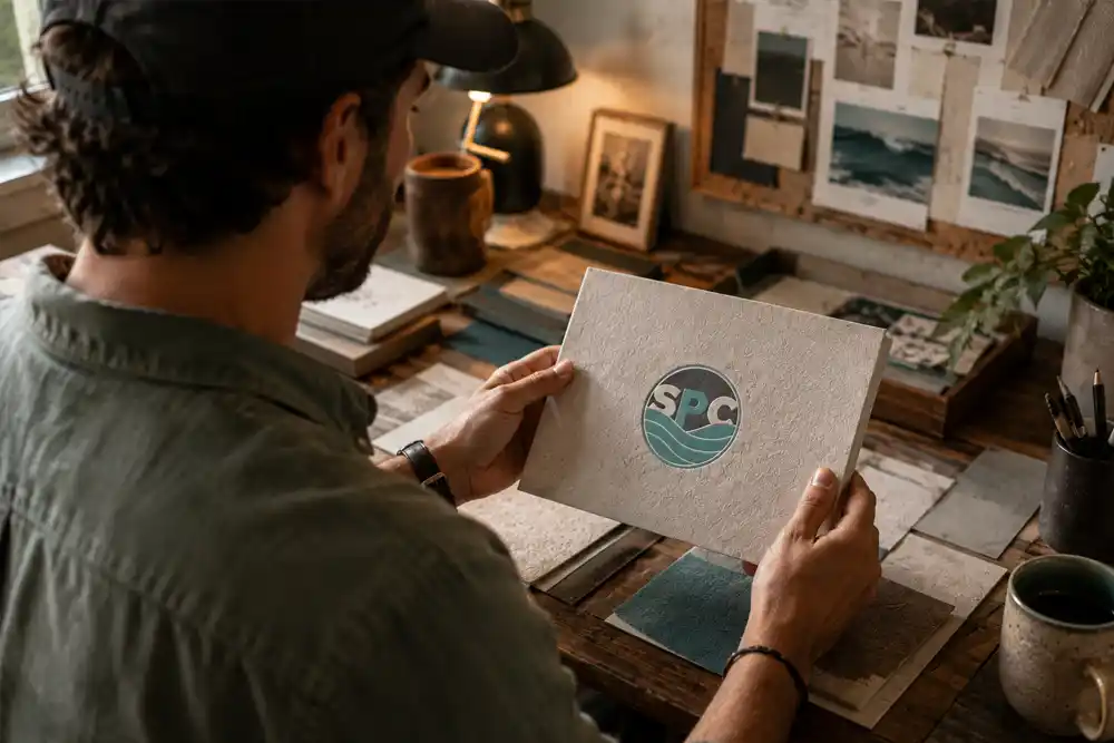 A designer feeling the texture of printed packaging in a studio