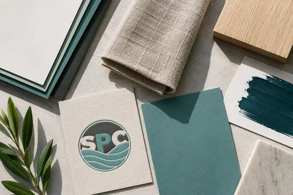 Overhead flat-lay of paper stocks, linen, wood and embossed samples on a designer's desk