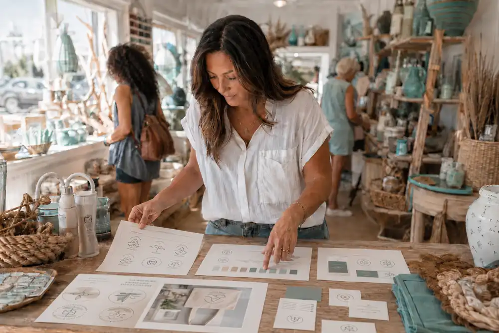 Coastal Georgia small-business owner reviewing logo concepts and a brand board in her shop