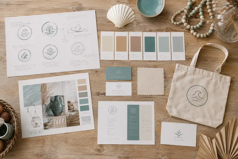 Small-business brand identity flat-lay with logo sketches, color swatches, business cards, and a branded tote