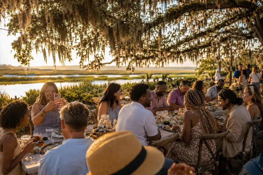 Golden-hour Lowcountry oyster roast with communal tables under live oaks at a Golden Isles waterfront park