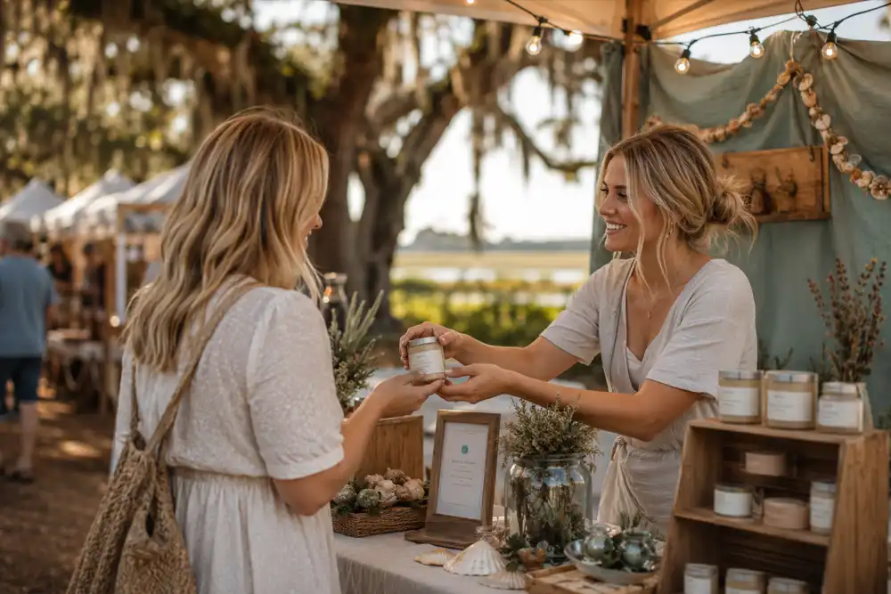 Small business with cohesive coastal branding at a Golden Isles festival booth, handing a product to a customer