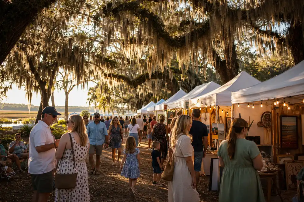 Outdoor craft and food festival under moss-draped live oaks on St. Simons Island in the Golden Isles