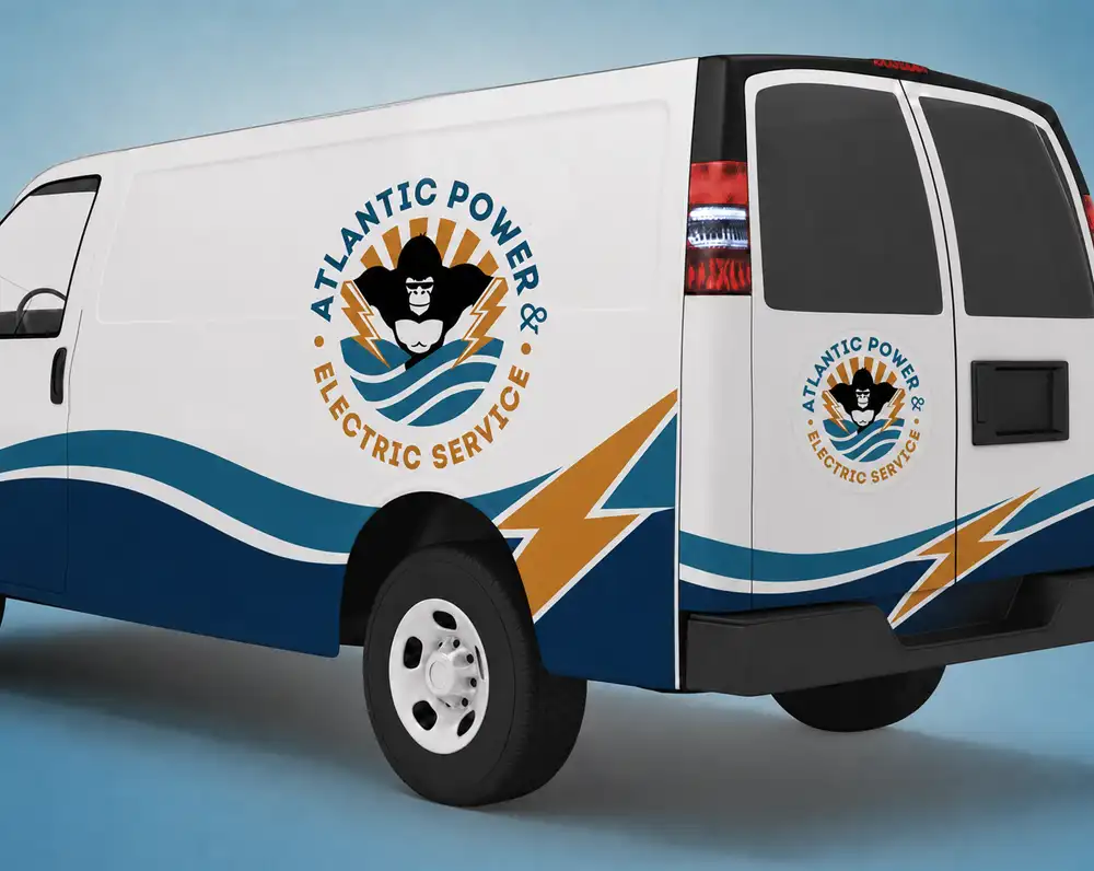 Brunswick electrician branding on the A.P.E.S. van wrap, doubling as a mobile billboard