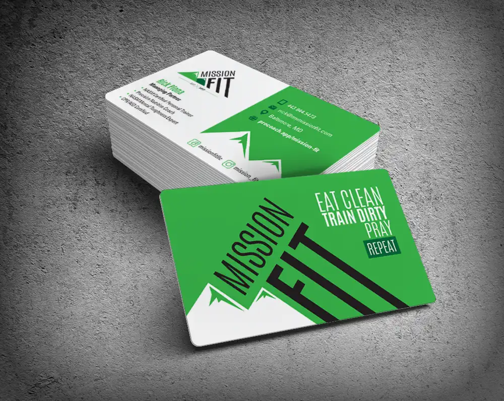 MissionFIT business cards showing the physical therapy branding in print