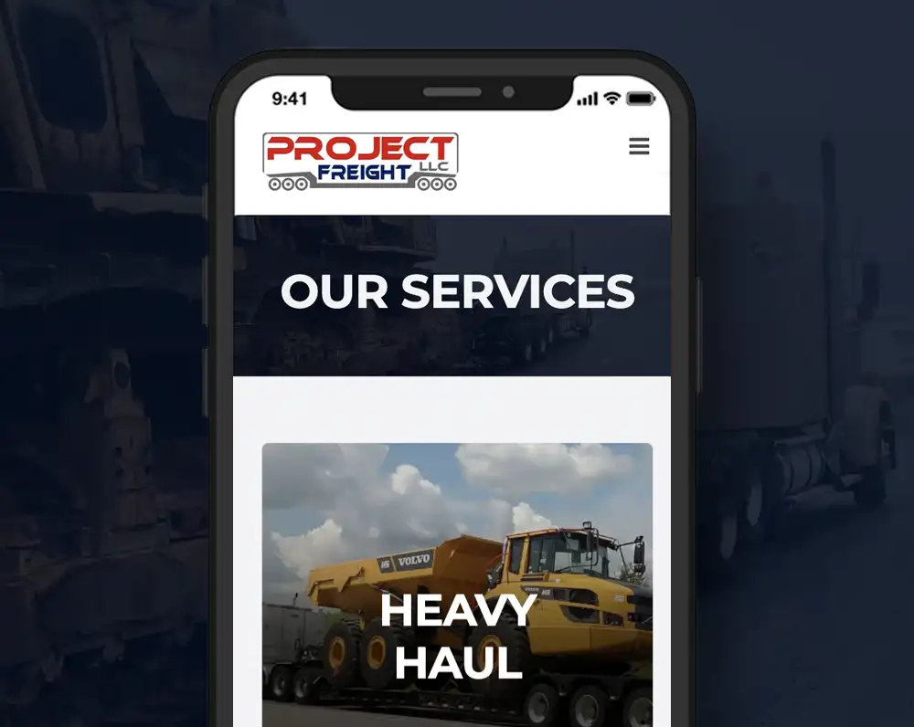 Project Freight trucking website in a responsive mobile view on a smartphone