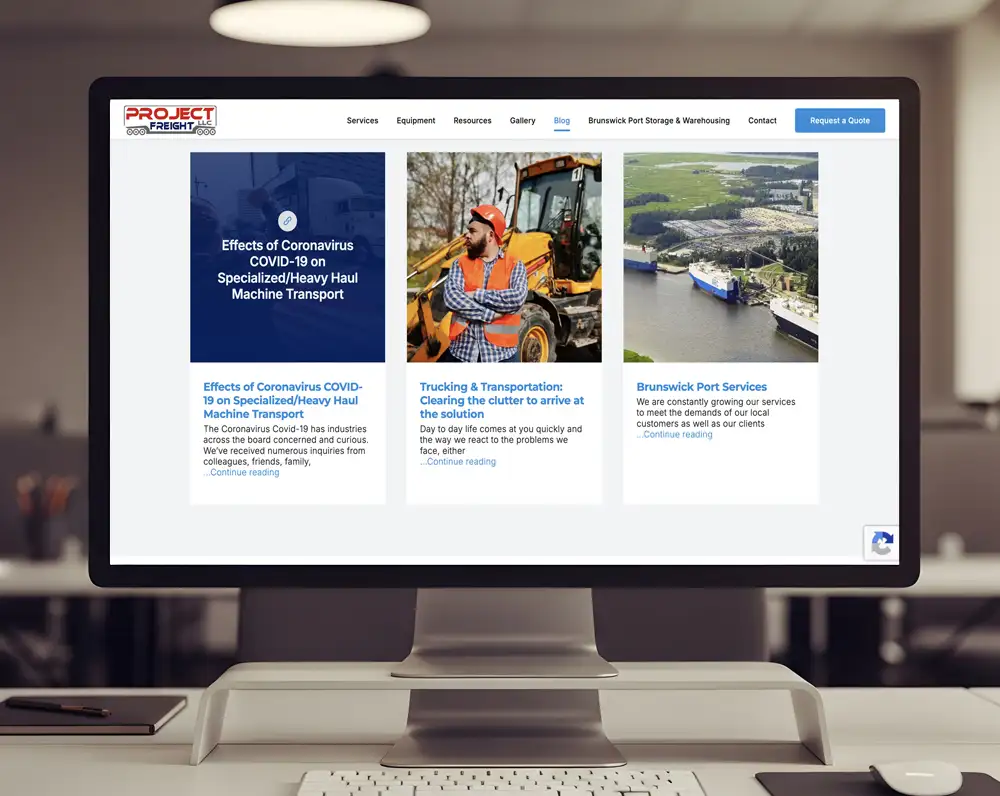 Project Freight trucking website blog page on desktop, part of the site's SEO foundation for heavy haul search