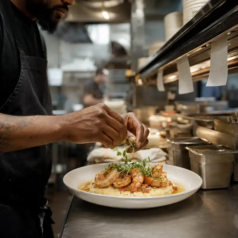Line cook plating a dish during service in a coastal Georgia restaurant kitchen