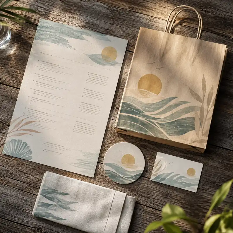 Printed brand pieces for a coastal restaurant, including a menu, coaster, and business card