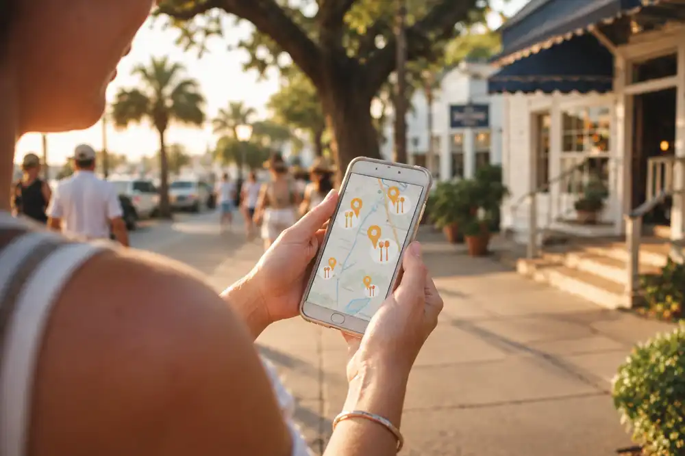 Traveler on a St. Simons Island sidewalk choosing a restaurant on a phone