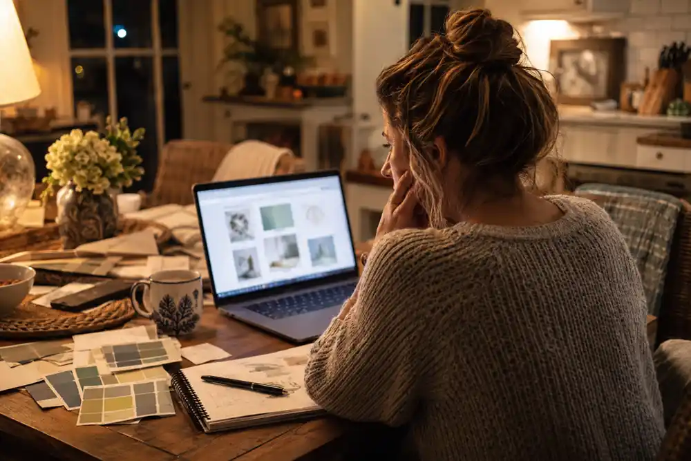 A small business owner designing their own graphics late at night on a laptop