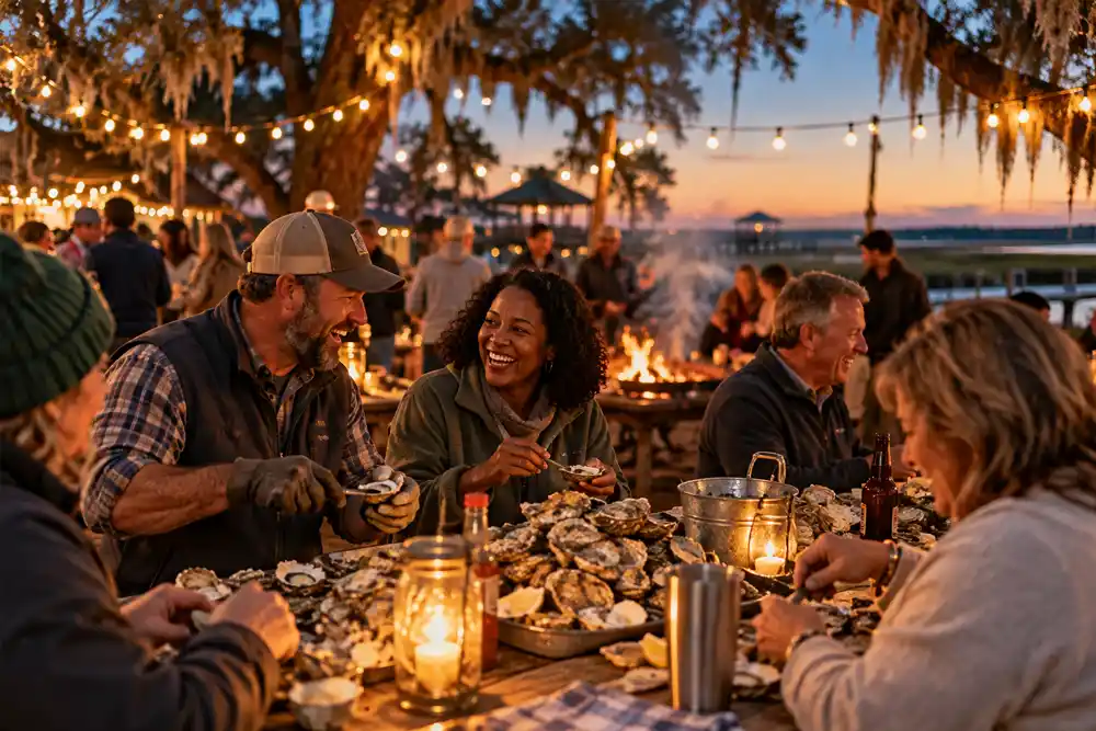 Locals gathered at a winter oyster roast in the Golden Isles