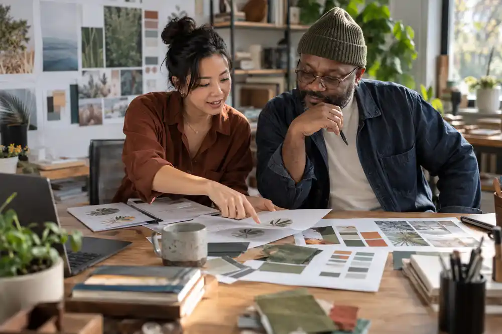 A graphic designer walking a small business owner through printed logo proofs and a brand kit