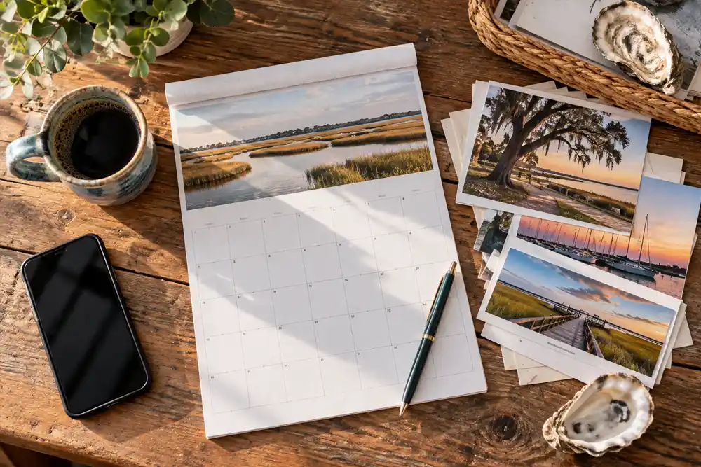 A small business owner's off-season marketing plan laid out on a wooden counter