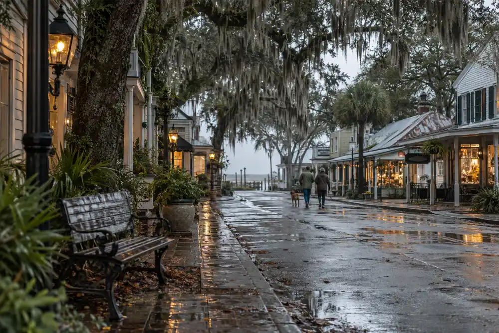 A quiet St. Simons Island street in winter with a few locals walking past lit storefronts