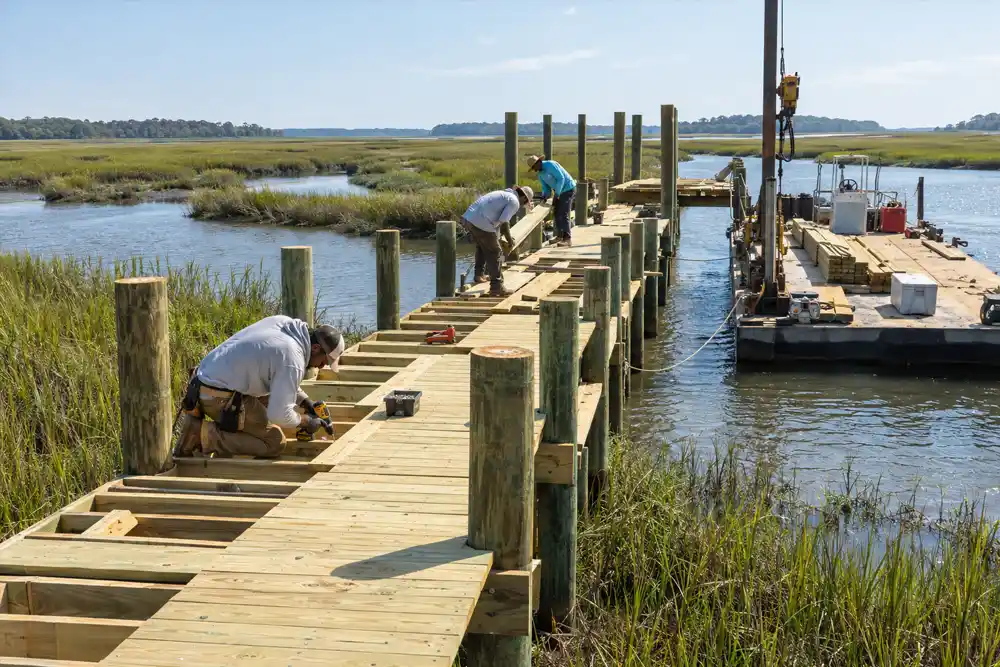A crew building a dock over a coastal Georgia salt marsh