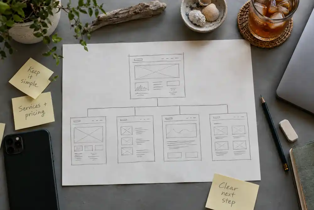 A hand-drawn website sitemap and wireframe sketches for a small business site