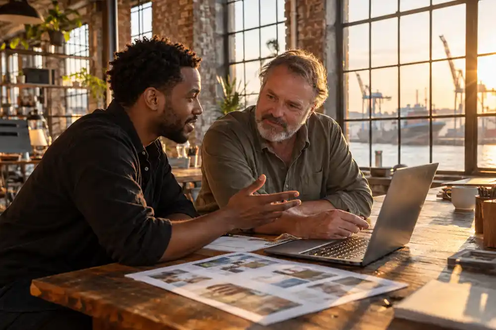 A designer and a business owner reviewing a website mockup together
